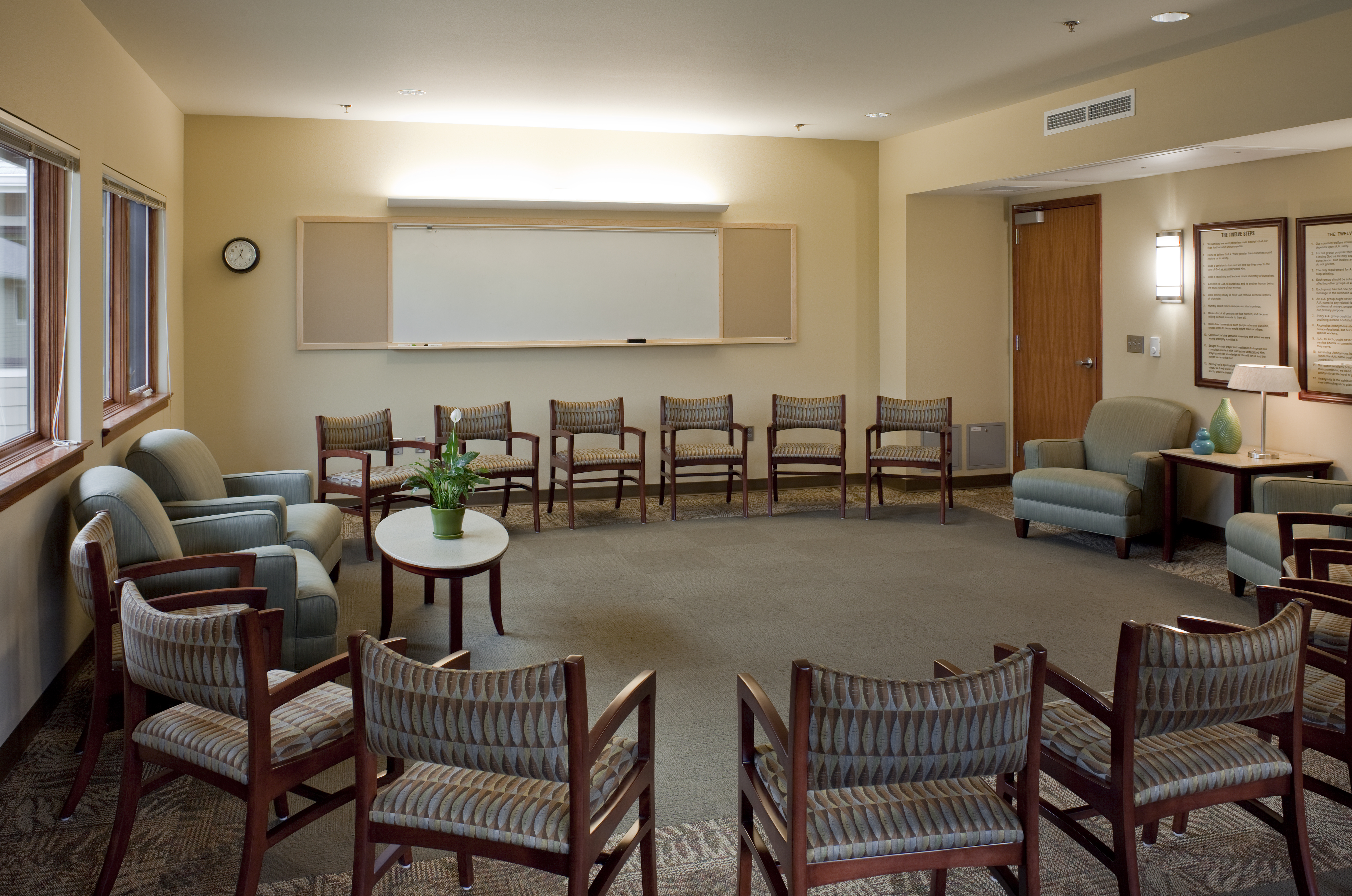 Inside the Newberg group meeting room with chairs arranged in a circle