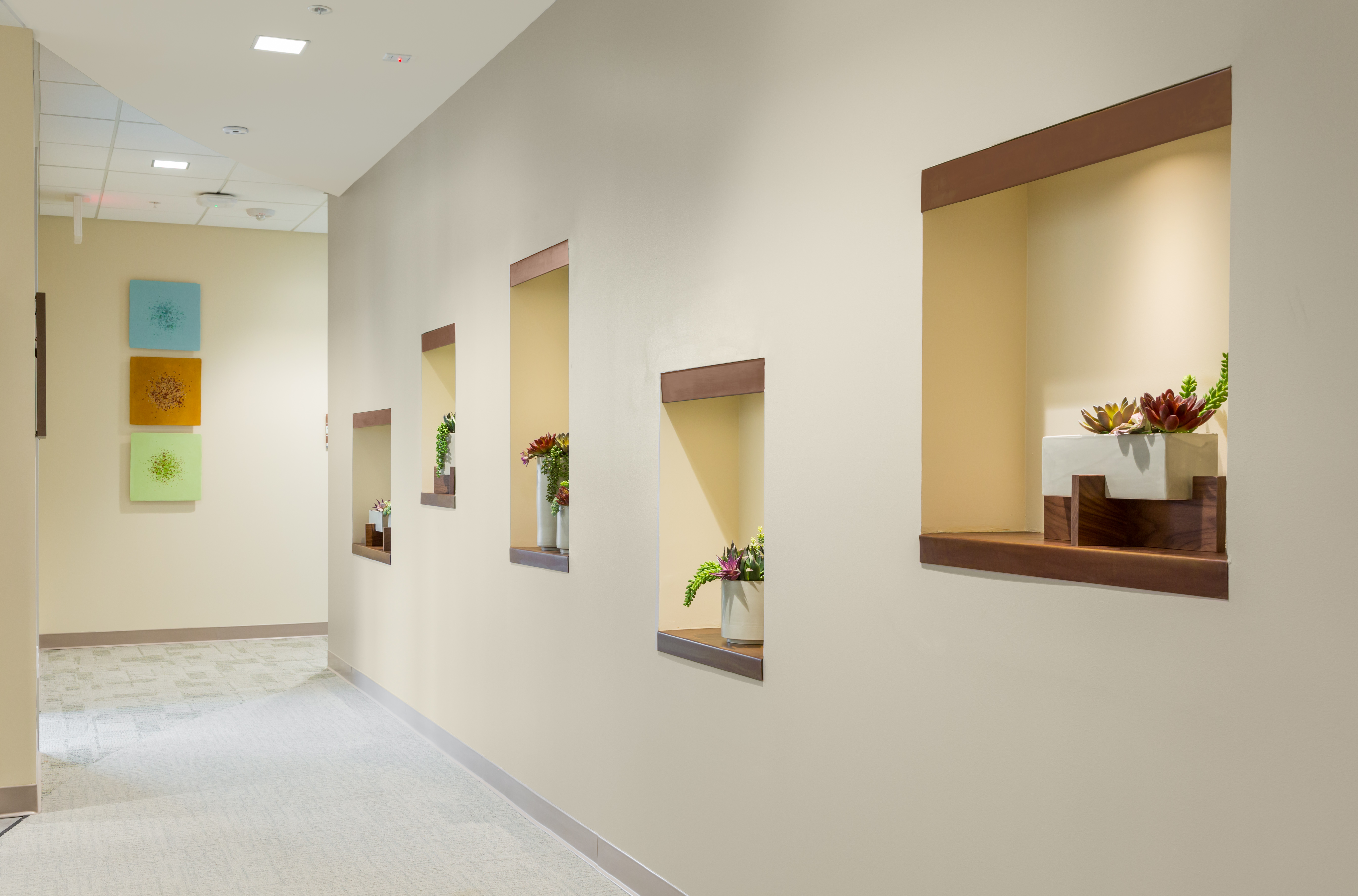Inside the Los Angeles center hallway with planters and bright walls