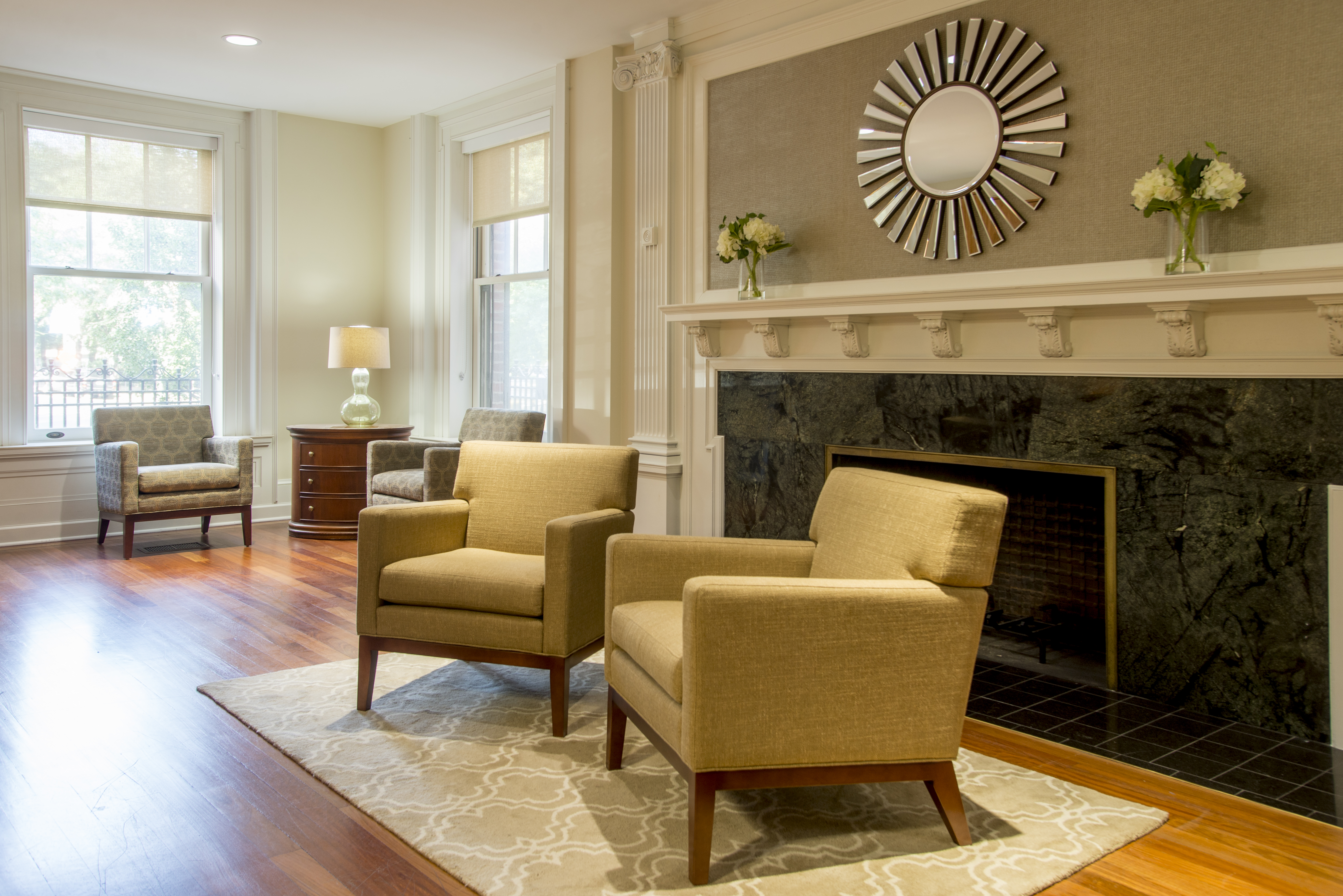 Inside the Hazelden Betty Ford center in Chicago featuring a fireplace and comfortable chairs