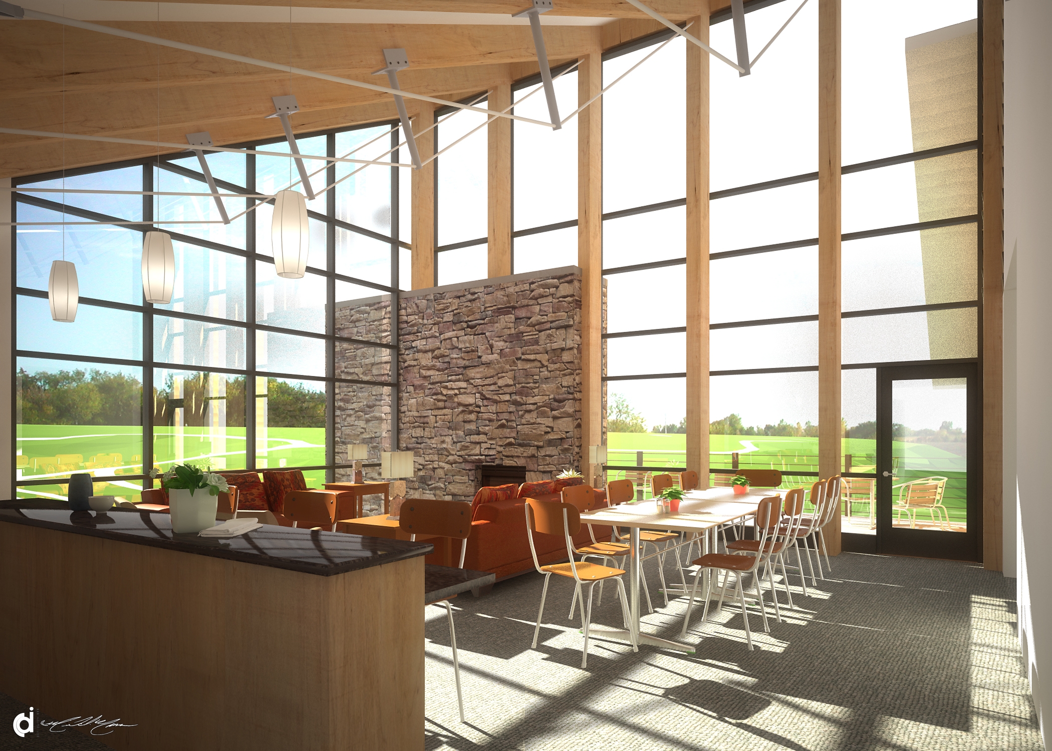 Inside the Newberg dining hall displaying floor to ceiling windows, chairs, and tables
